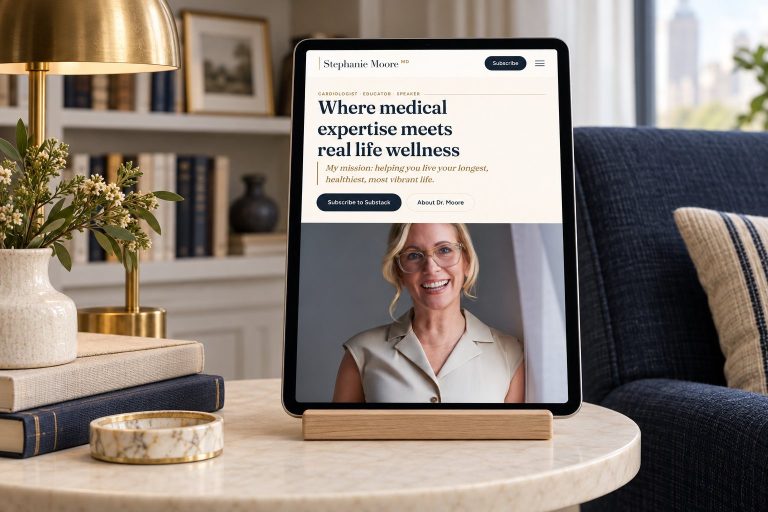 Dr. Stephanie Moore's website on a tablet in an editorial study, a presentation scene built from the real site.