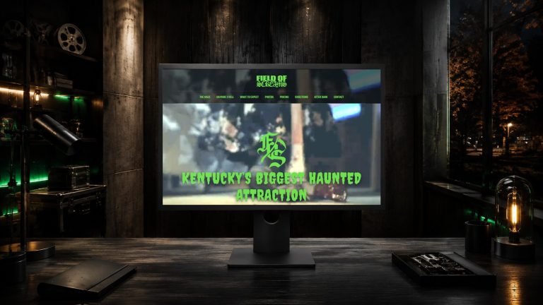 Field of Screams Kentucky website displayed on a monitor in a cinematic horror-production screening suite