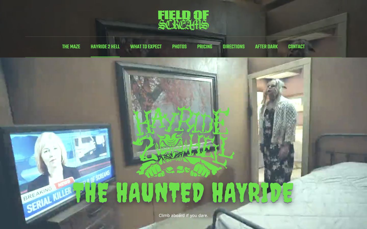 Exact capture of the Field of Screams Kentucky hayride page on a 1440-pixel desktop.