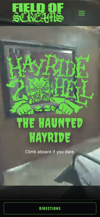 Exact capture of the Field of Screams Kentucky hayride page on a 390-pixel phone.