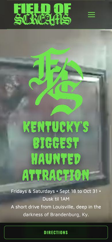 Exact capture of the Field of Screams Kentucky home page on a 390-pixel phone.