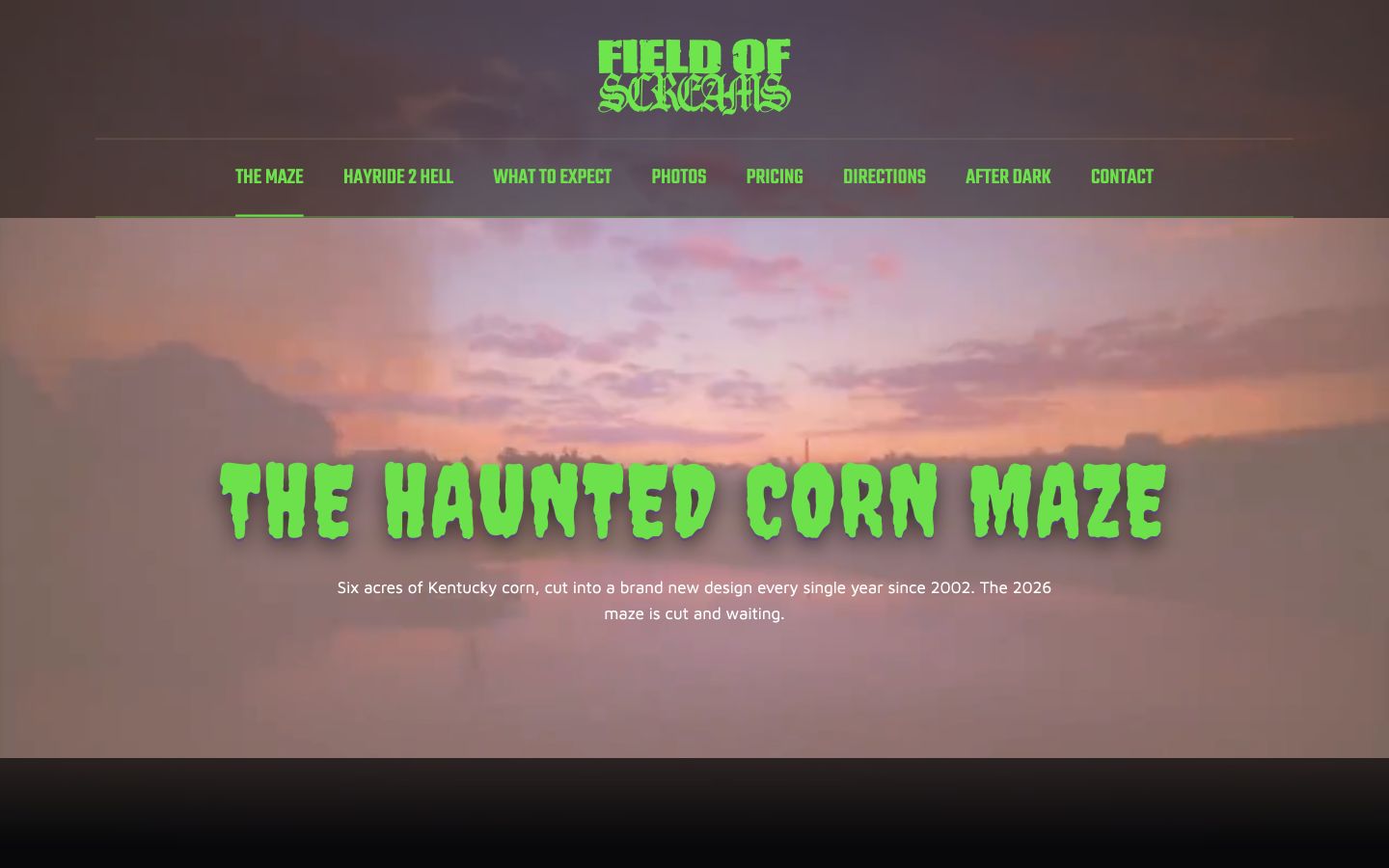 Exact capture of the Field of Screams Kentucky maze page on a 1440-pixel desktop.