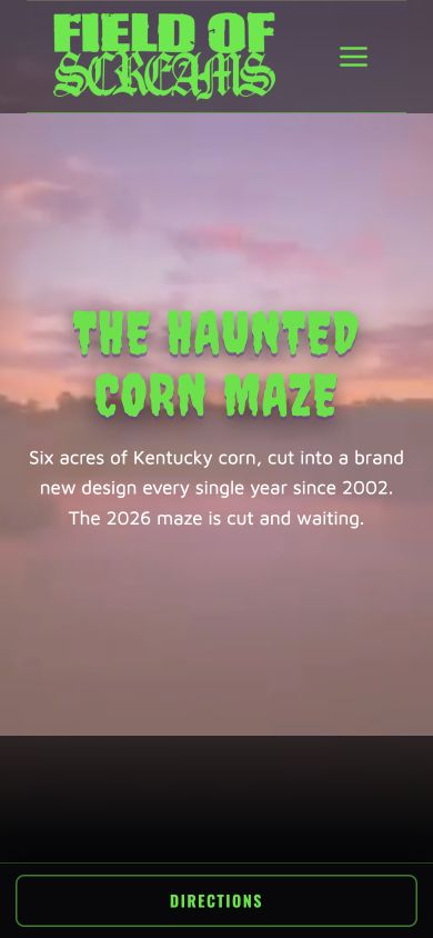 Exact capture of the Field of Screams Kentucky maze page on a 390-pixel phone.