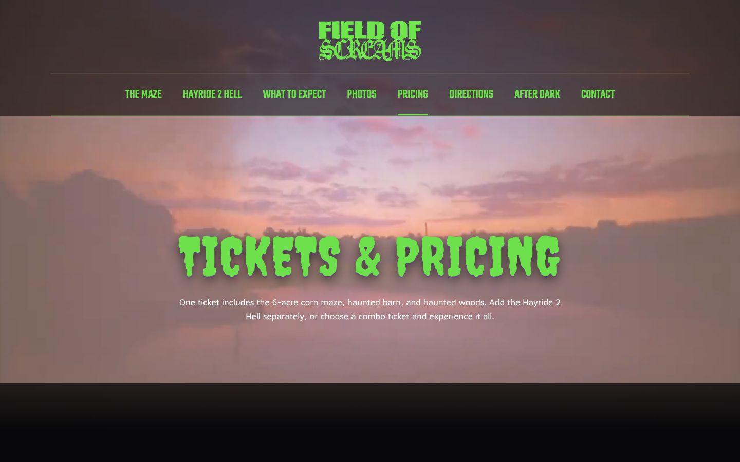 Exact capture of the Field of Screams Kentucky pricing page at 1440 pixels.