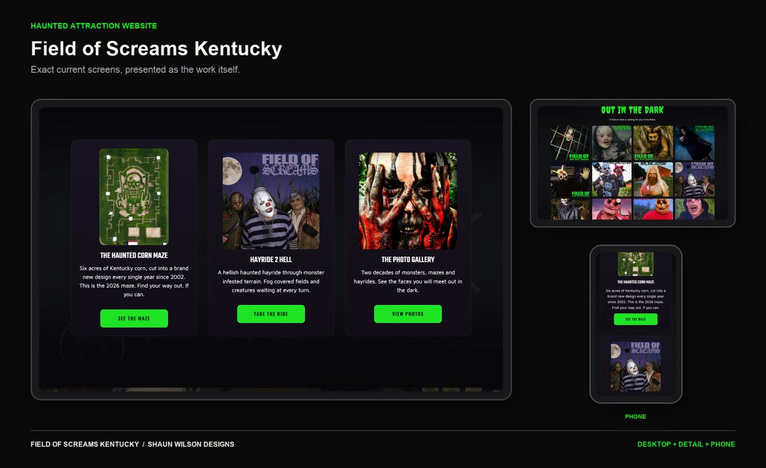 Desktop, detail, and phone screens from the Field of Screams Kentucky website.