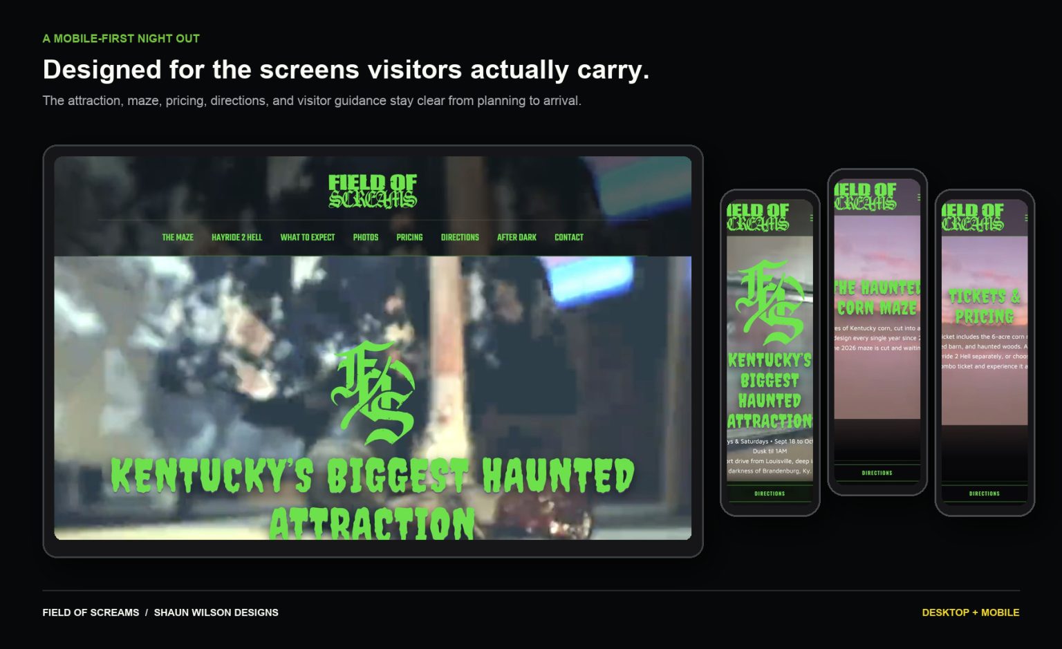 Desktop, detail, and phone screens from the Field of Screams Kentucky website.