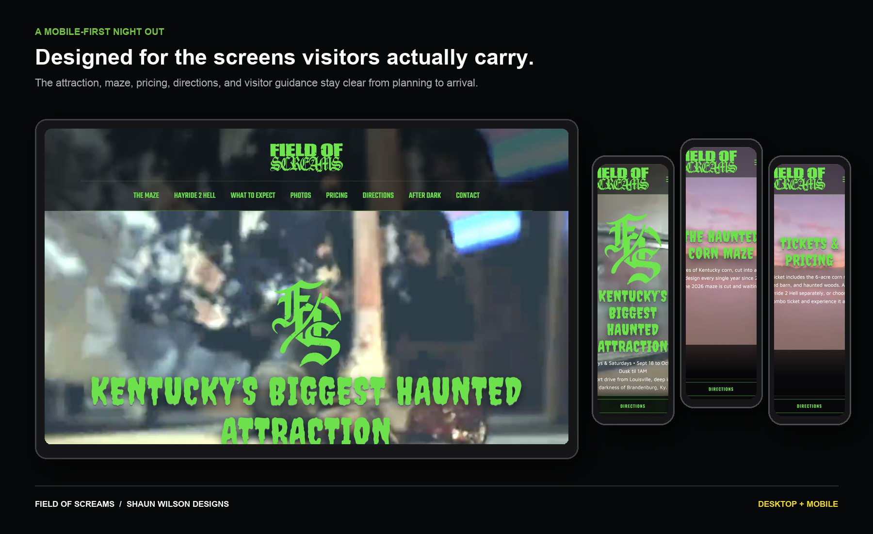 Field of Screams Kentucky website on desktop, detail and phone