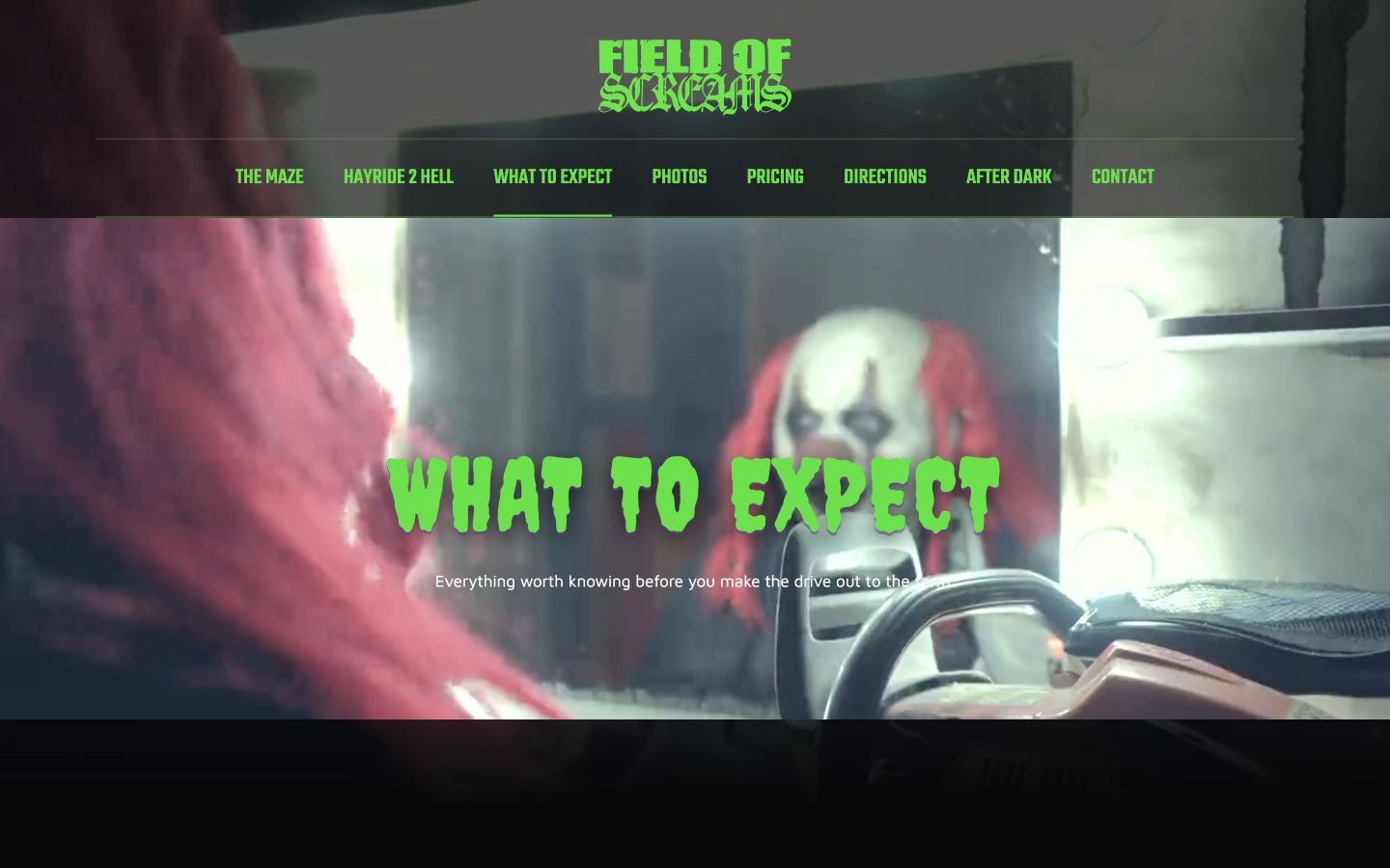Exact capture of the Field of Screams Kentucky what to expect page on a 1440-pixel desktop.