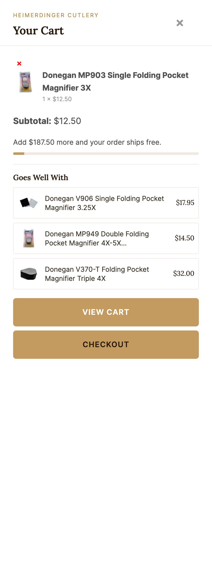 The custom cart drawer on the Heimerdinger Cutlery website: one item, a free-shipping progress message and three Goes Well With suggestions.