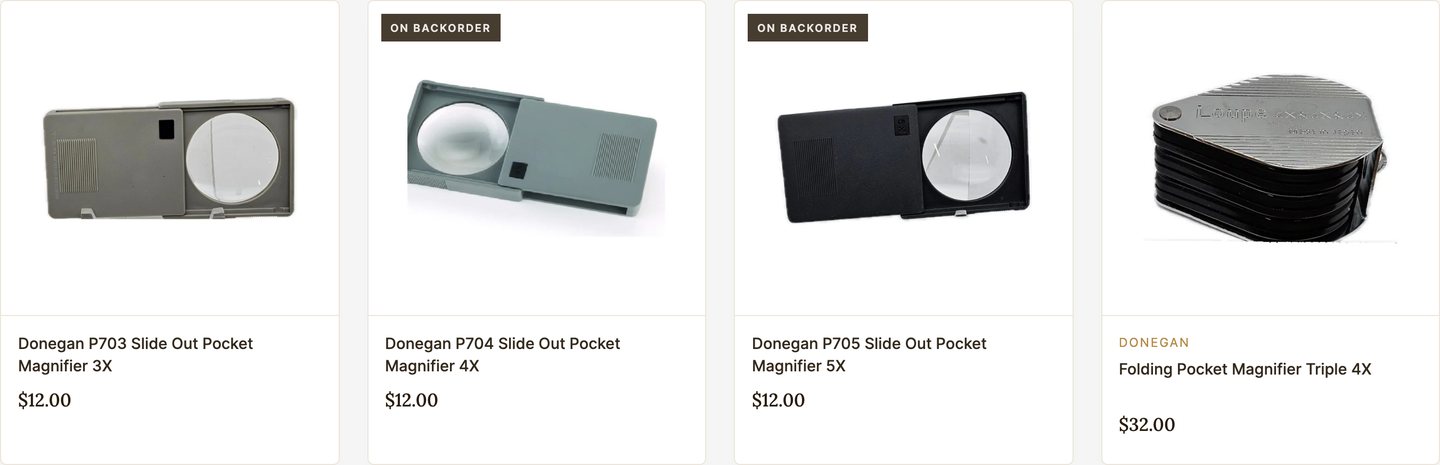 A four-card product row in the Pocket Magnifiers category on the Heimerdinger Cutlery website, a native capture of the public storefront.