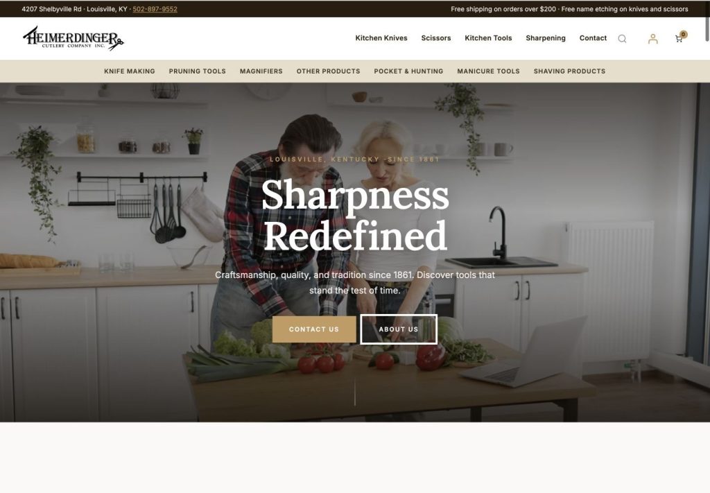 Exact capture of the Heimerdinger Cutlery homepage at 1440 pixels: top bar with the free-shipping offer, main navigation, category bar and the Sharpness Redefined hero.