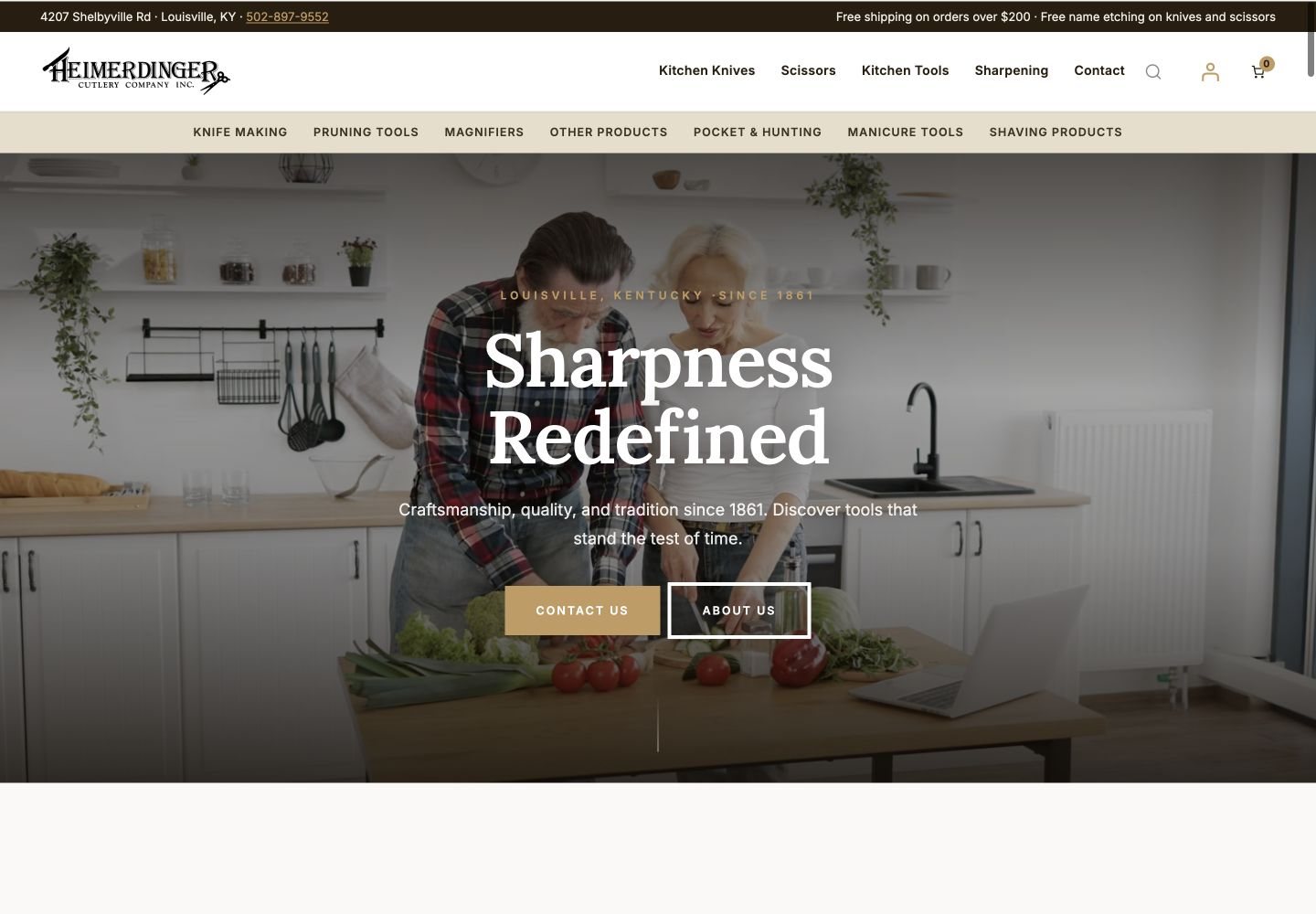 Exact capture of the Heimerdinger Cutlery homepage at 1440 pixels: top bar with the free-shipping offer, main navigation, category bar and the Sharpness Redefined hero.