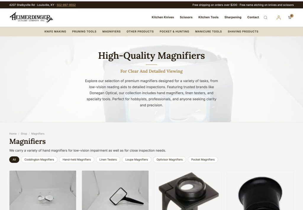 Exact capture of the Magnifiers category on the Heimerdinger Cutlery website at 1440 pixels: category introduction, subcategory chips and product cards.