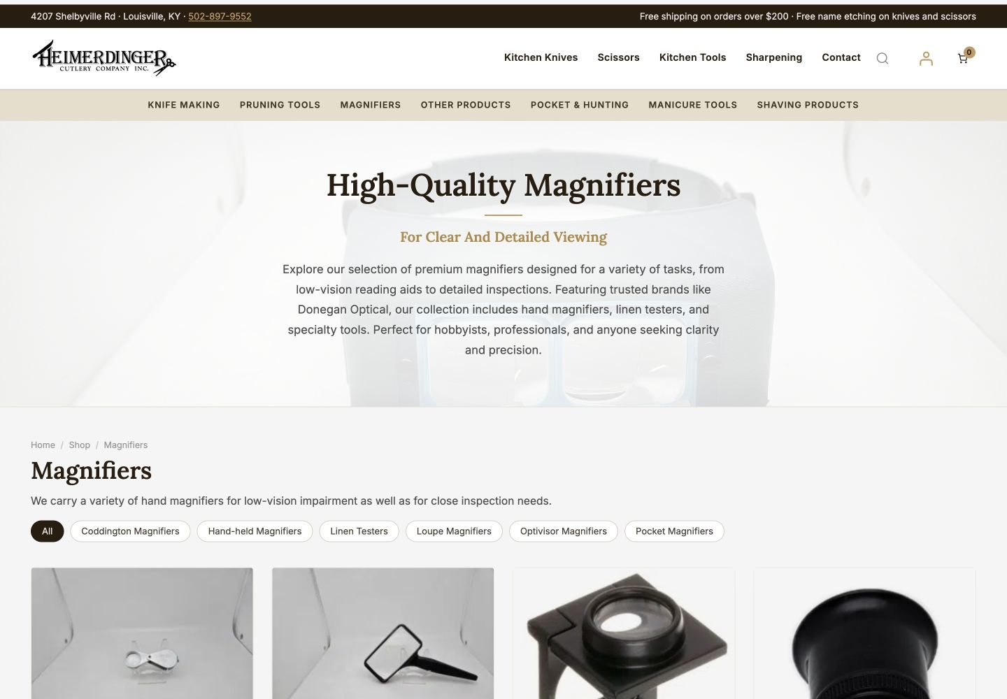 Exact capture of the Magnifiers category on the Heimerdinger Cutlery website at 1440 pixels: category introduction, subcategory chips and product cards.