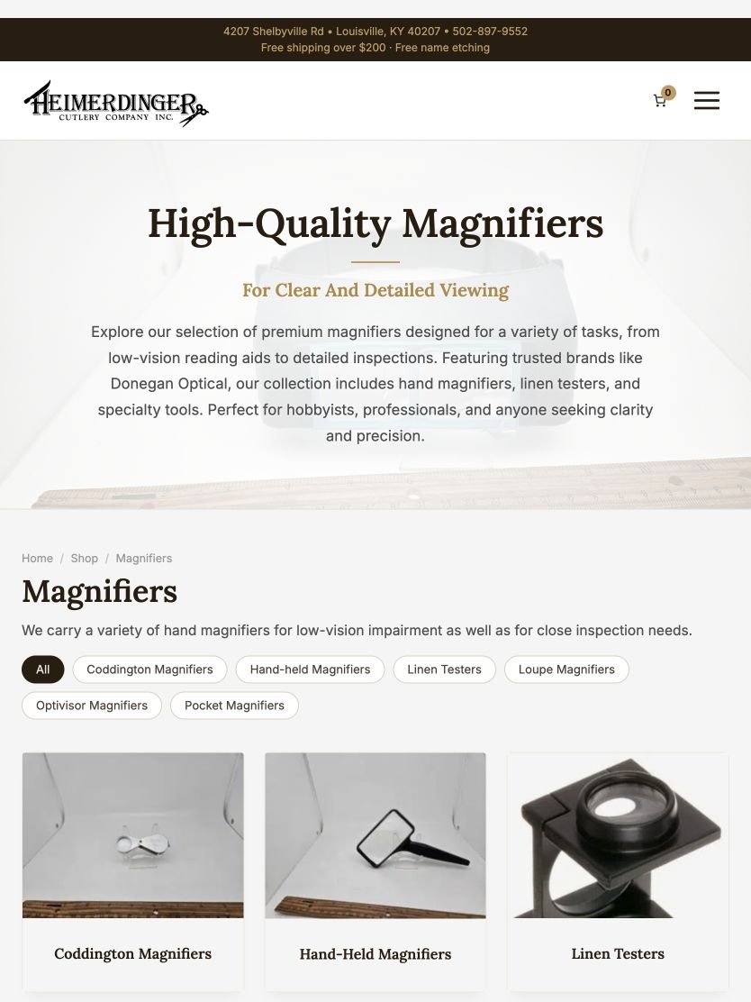 The Magnifiers category on the Heimerdinger Cutlery website on an 834-pixel tablet.