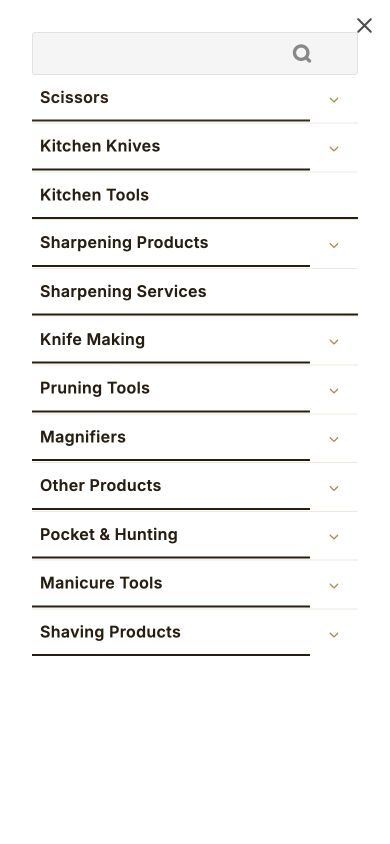 The open mobile navigation on the Heimerdinger Cutlery website on a 390-pixel phone.