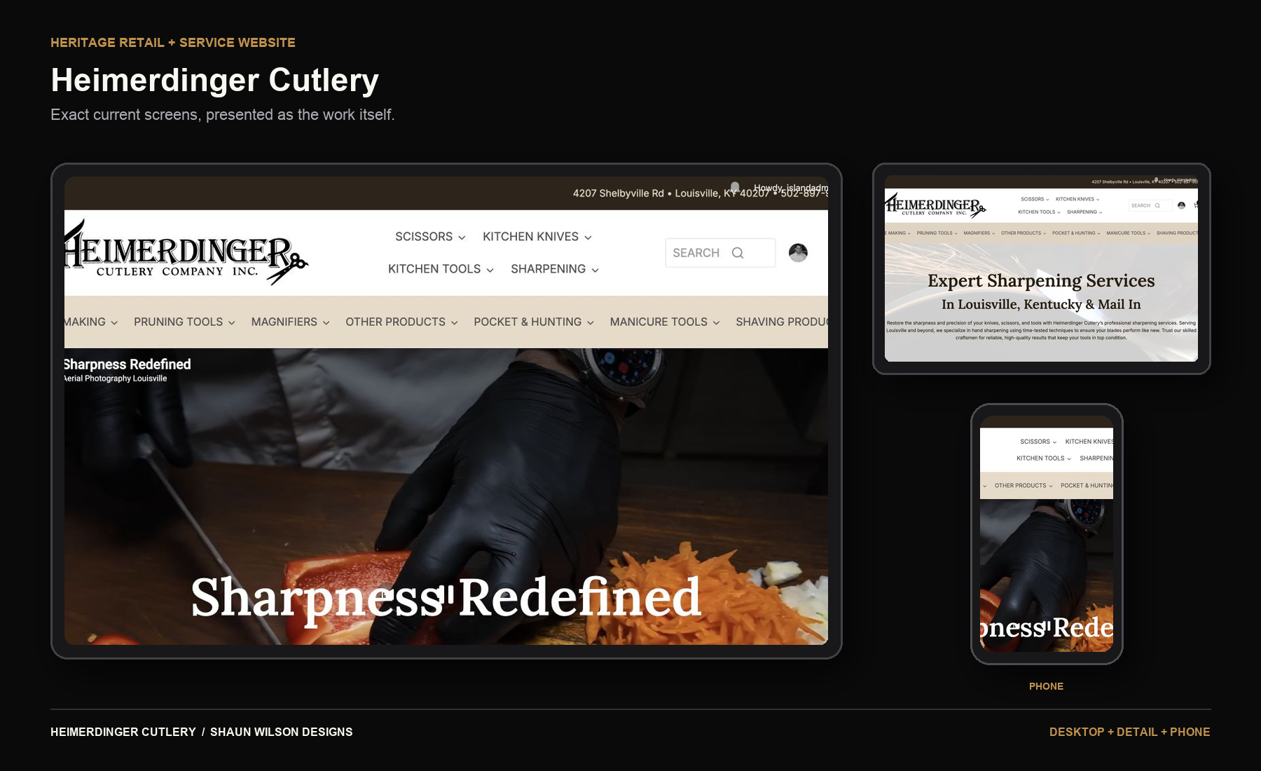 Heimerdinger Cutlery website on desktop, detail and phone