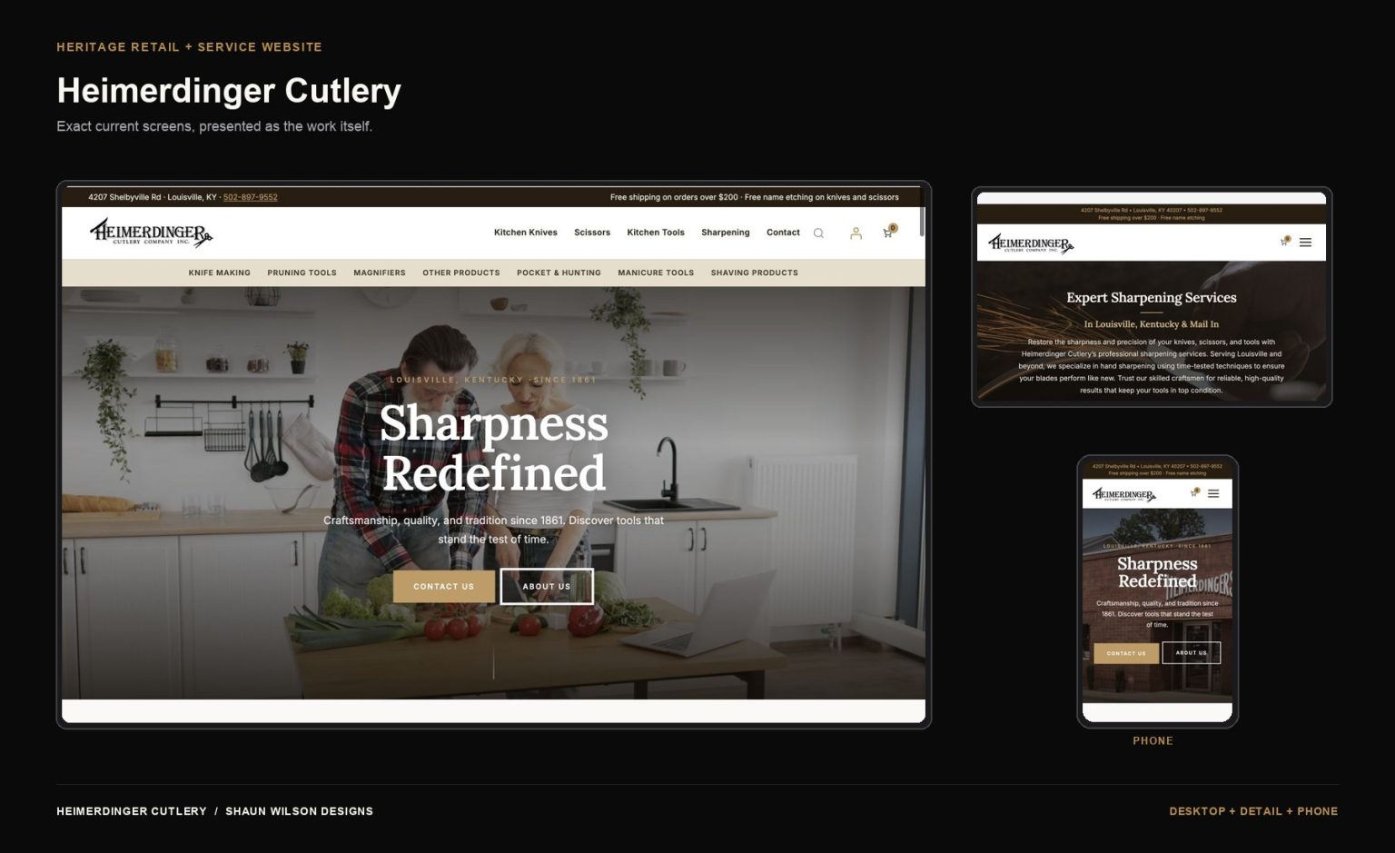 Current desktop, detail and phone screens from the Heimerdinger Cutlery website, captured September 2026.
