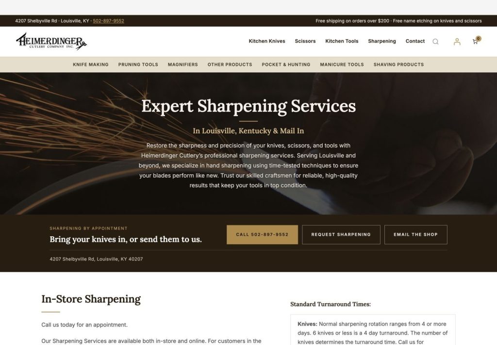 Exact capture of the Sharpening Services page on the Heimerdinger Cutlery website at 1440 pixels.