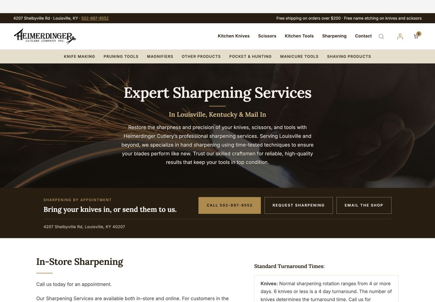 Exact capture of the Sharpening Services page on the Heimerdinger Cutlery website at 1440 pixels.