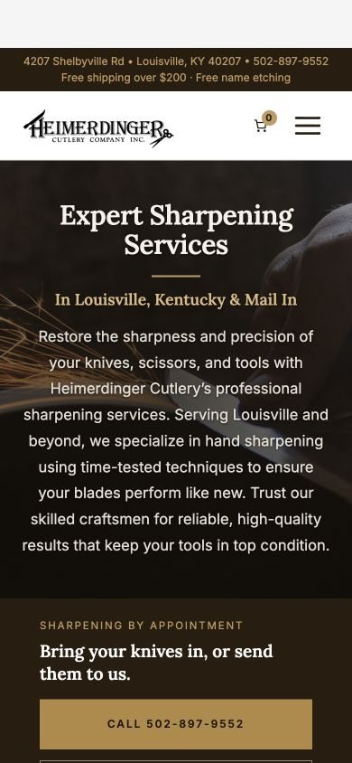 The Sharpening Services page on the Heimerdinger Cutlery website on a 390-pixel phone.