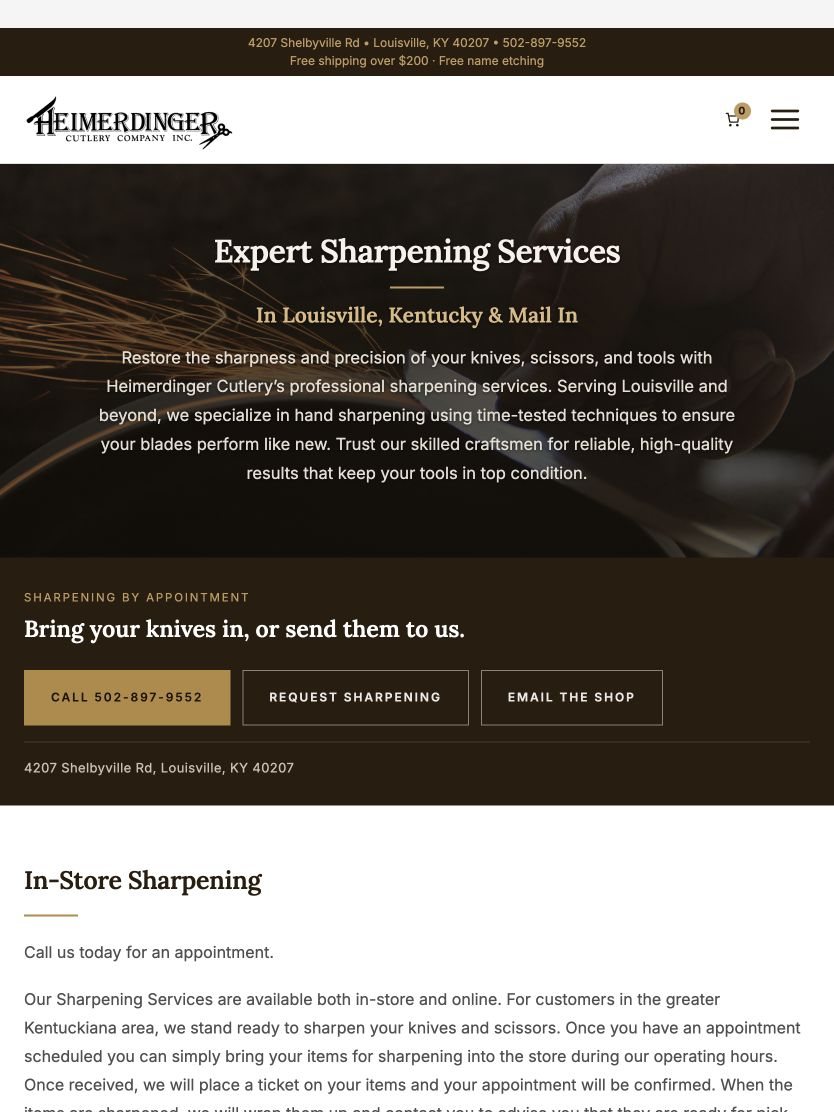 The Sharpening Services page on the Heimerdinger Cutlery website on an 834-pixel tablet.