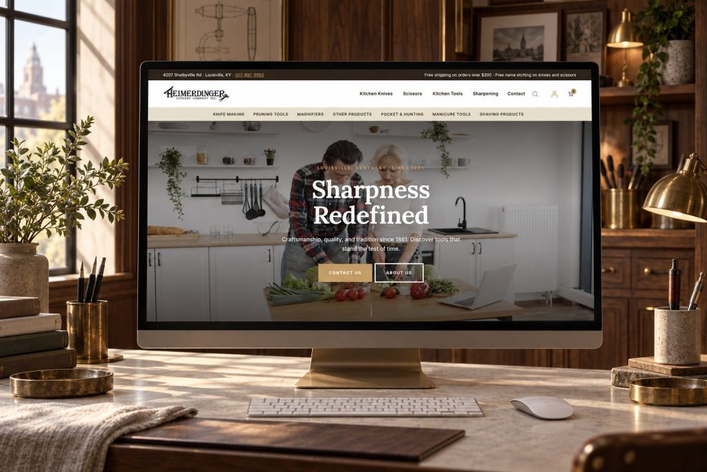Heimerdinger Cutlery homepage on a desktop in a heritage design atelier, by Shaun Wilson Designs