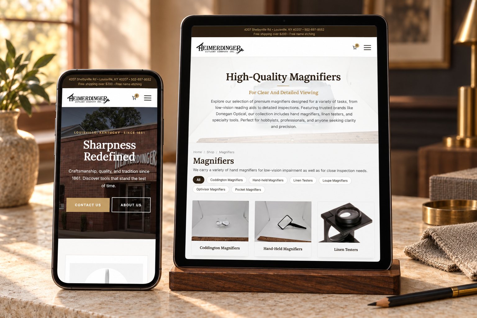 The Heimerdinger Cutlery website on a phone and a tablet, homepage and Magnifiers category, a presentation scene built from the real site.