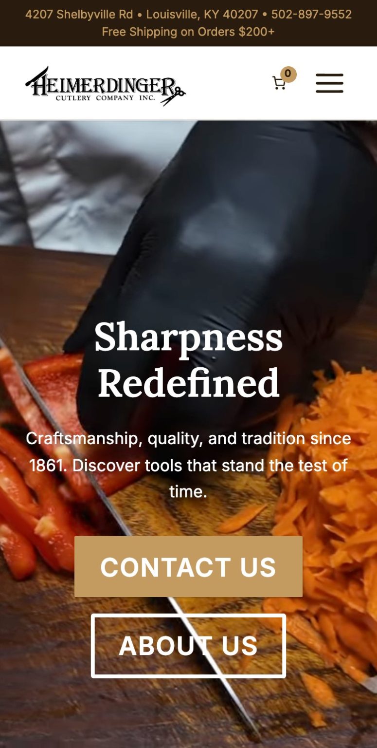 Exact capture of the Heimerdinger Cutlery homepage on a 390-pixel phone.