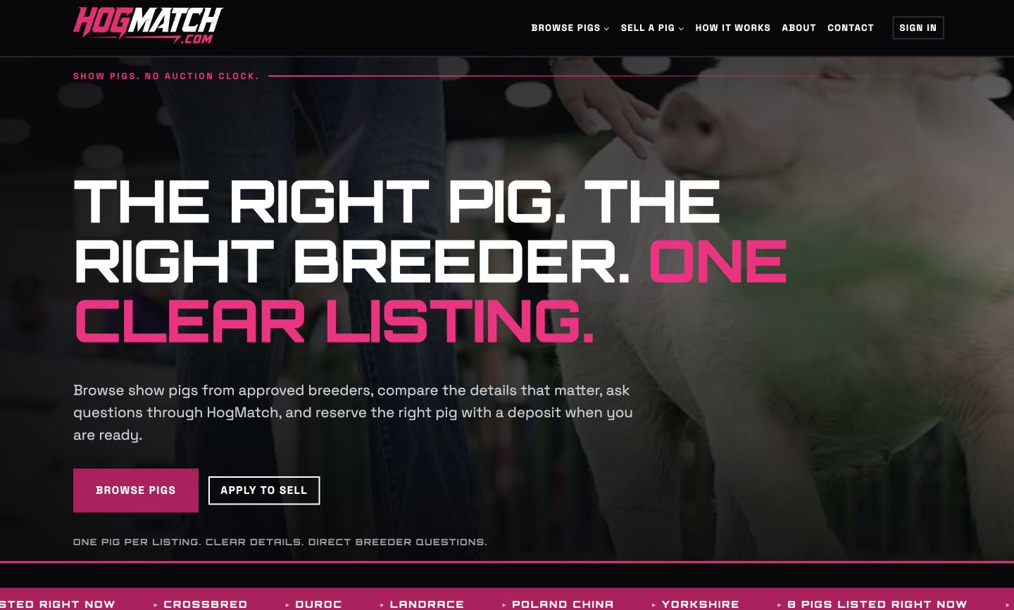 Exact capture of the HogMatch home page on a 1440-pixel desktop.