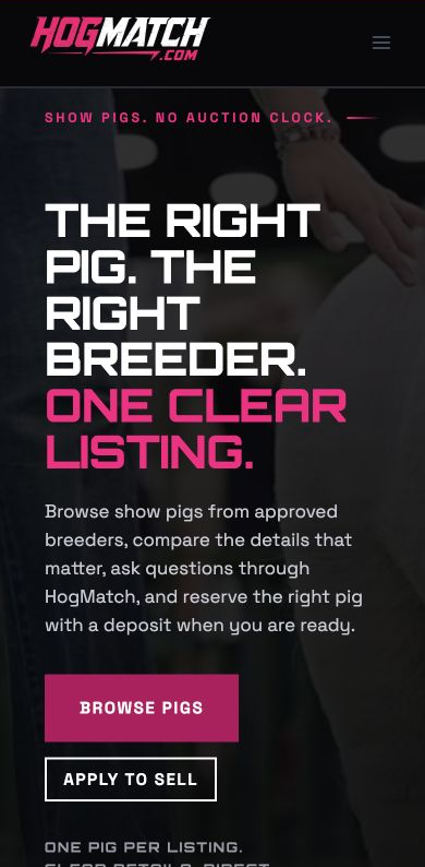 Exact capture of the HogMatch home page on a 390-pixel phone.