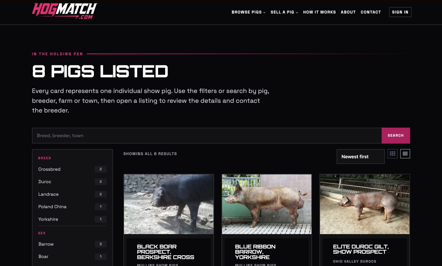 Exact capture of the HogMatch marketplace page on a 1440-pixel desktop.