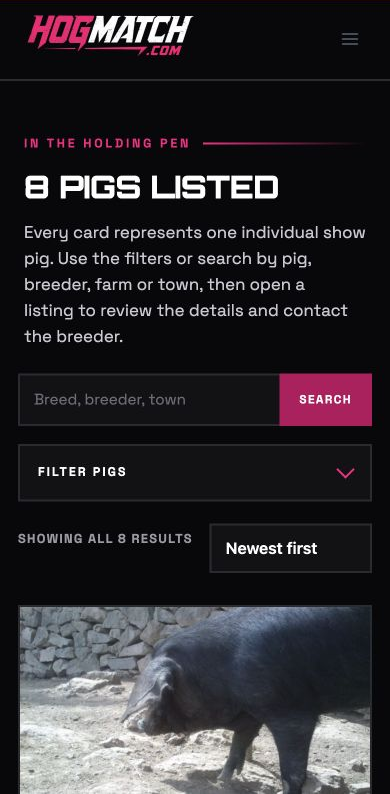 Exact capture of the HogMatch marketplace page on a 390-pixel phone.