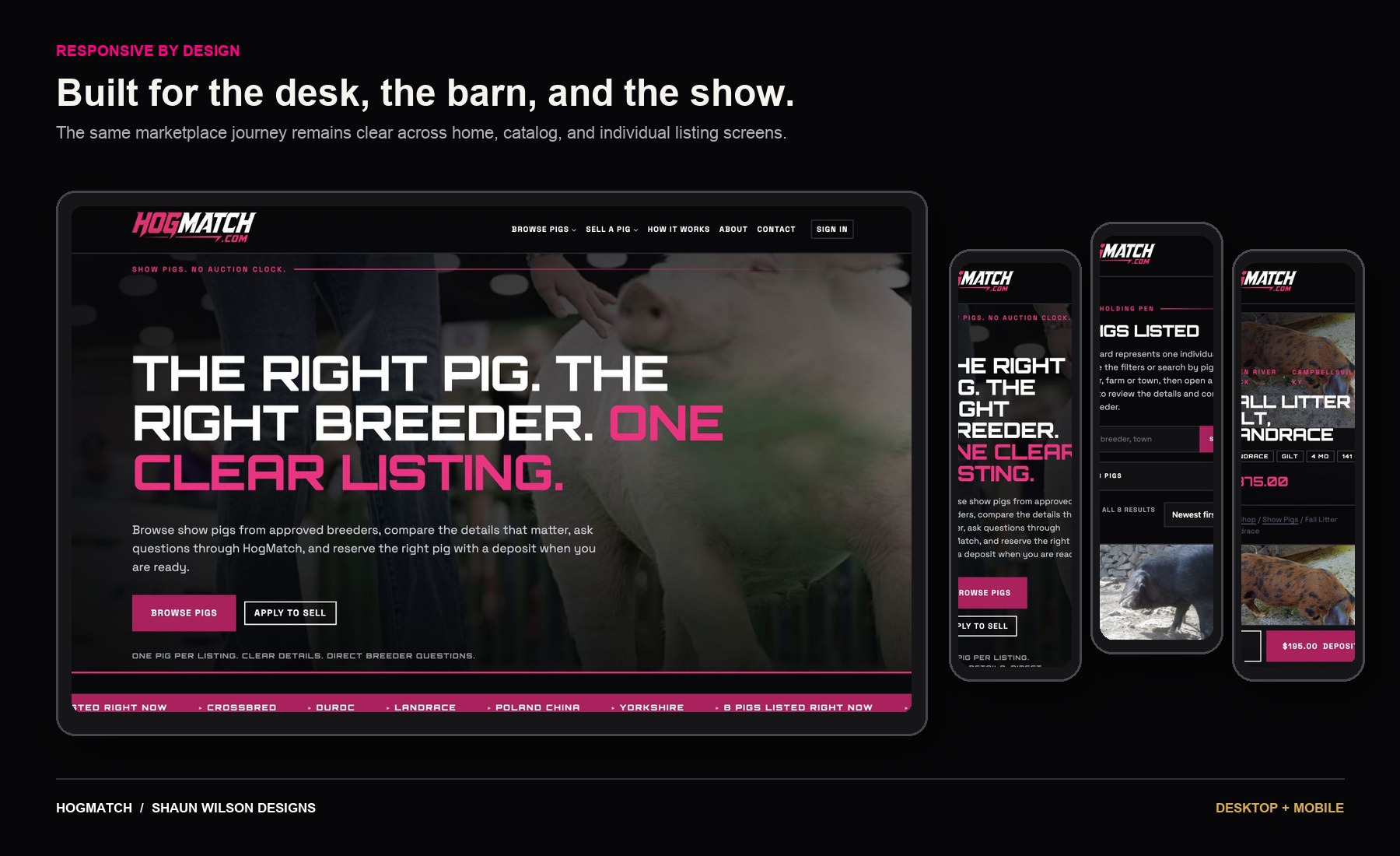 Desktop, listing, and phone screens from the HogMatch marketplace.