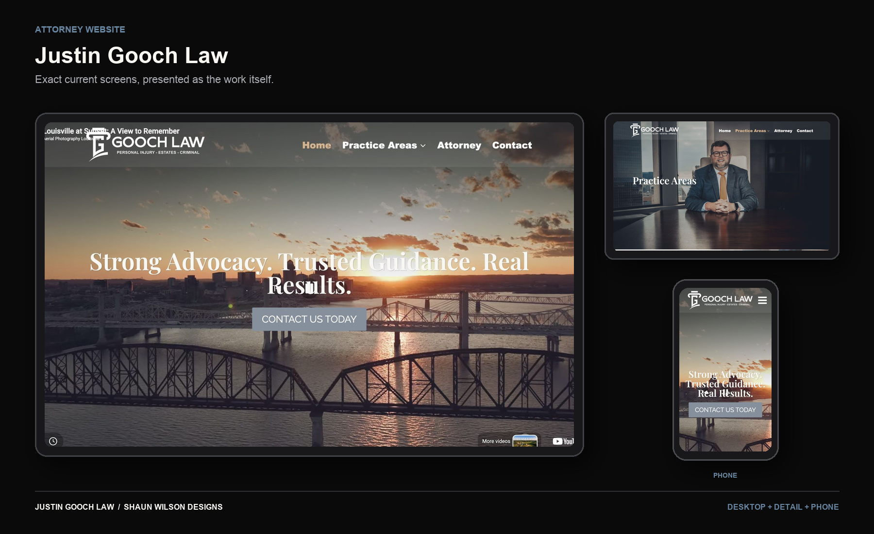 Justin Gooch Law website on desktop, detail and phone