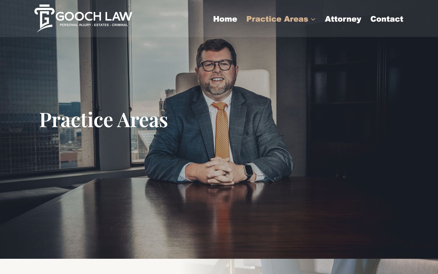 Exact capture of the Justin Gooch Law practice areas page at 1440 pixels.