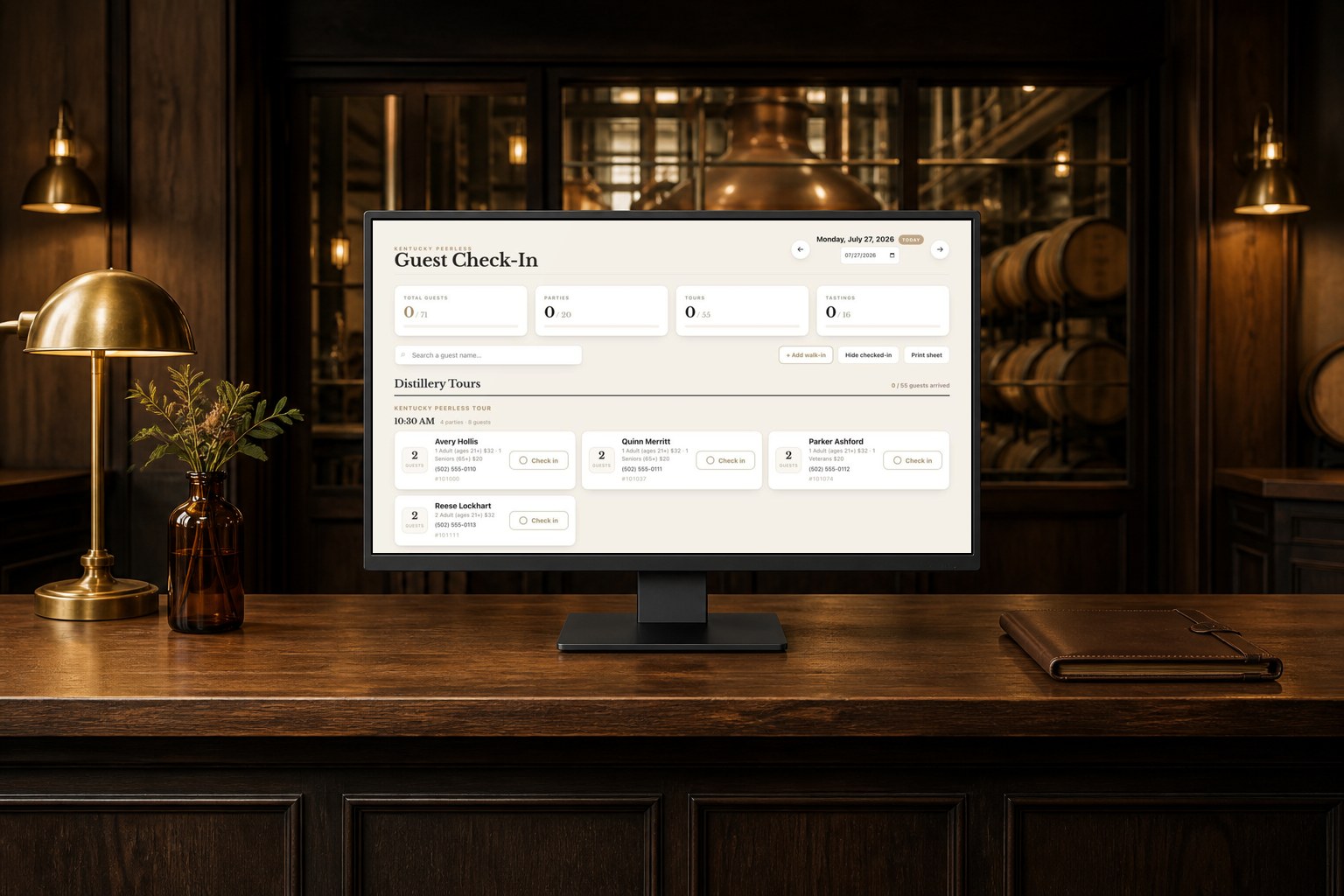 Kentucky Peerless Guest Check-In website displayed in a refined distillery front-desk operations console.