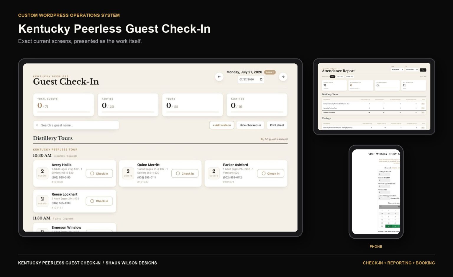 Current desktop, detail, and phone screens from the Kentucky Peerless Guest Check-In website.