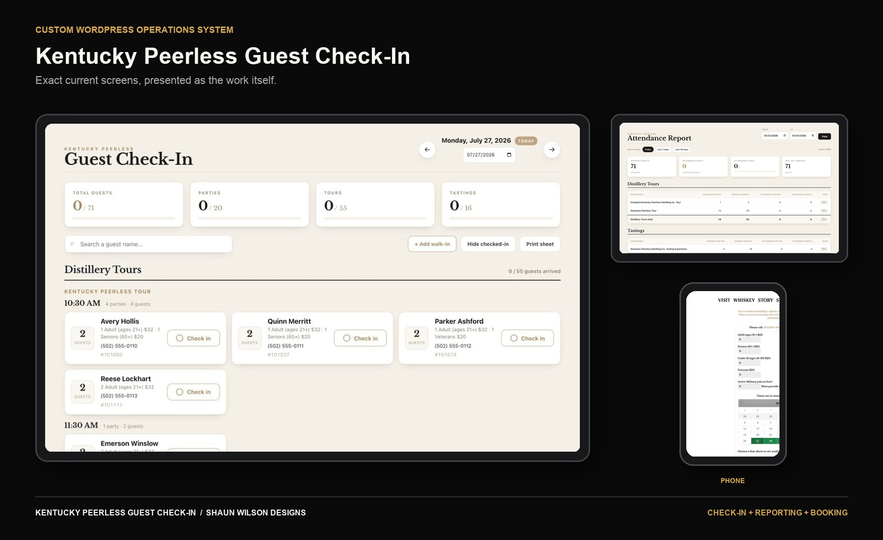 Kentucky Peerless guest check-in and tour booking screens on desktop, detail and phone, custom WordPress plugins by Shaun Wilson Designs