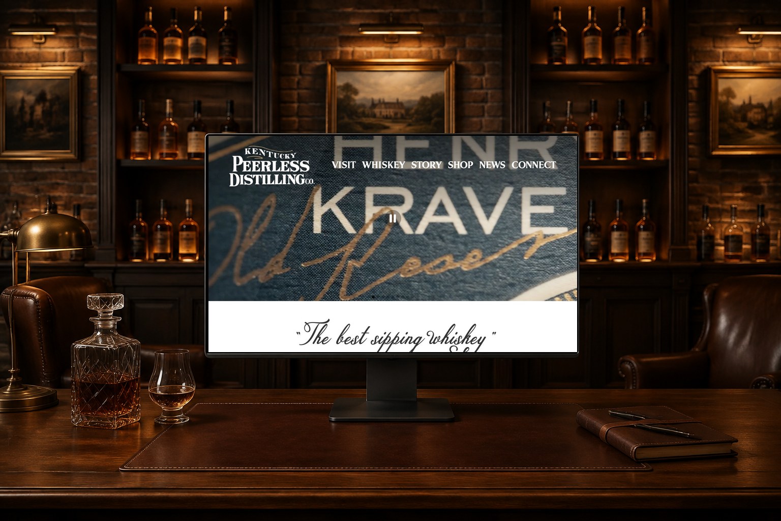 Kentucky Peerless website displayed in a private whiskey library and tasting-room planning suite.