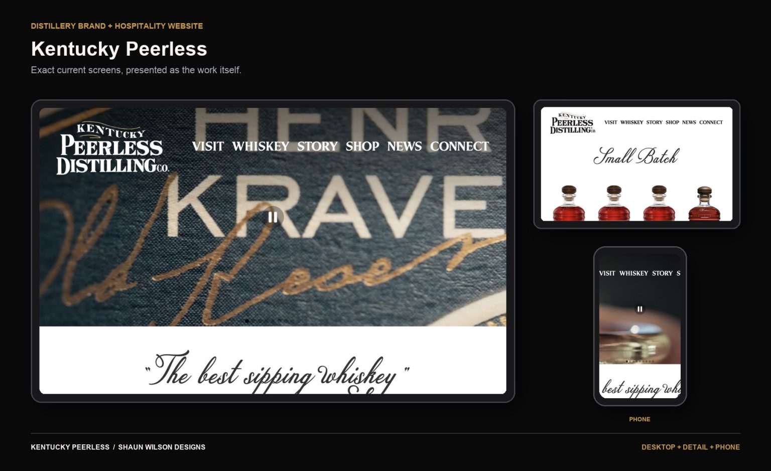 Current desktop, detail, and phone screens from the Kentucky Peerless website.