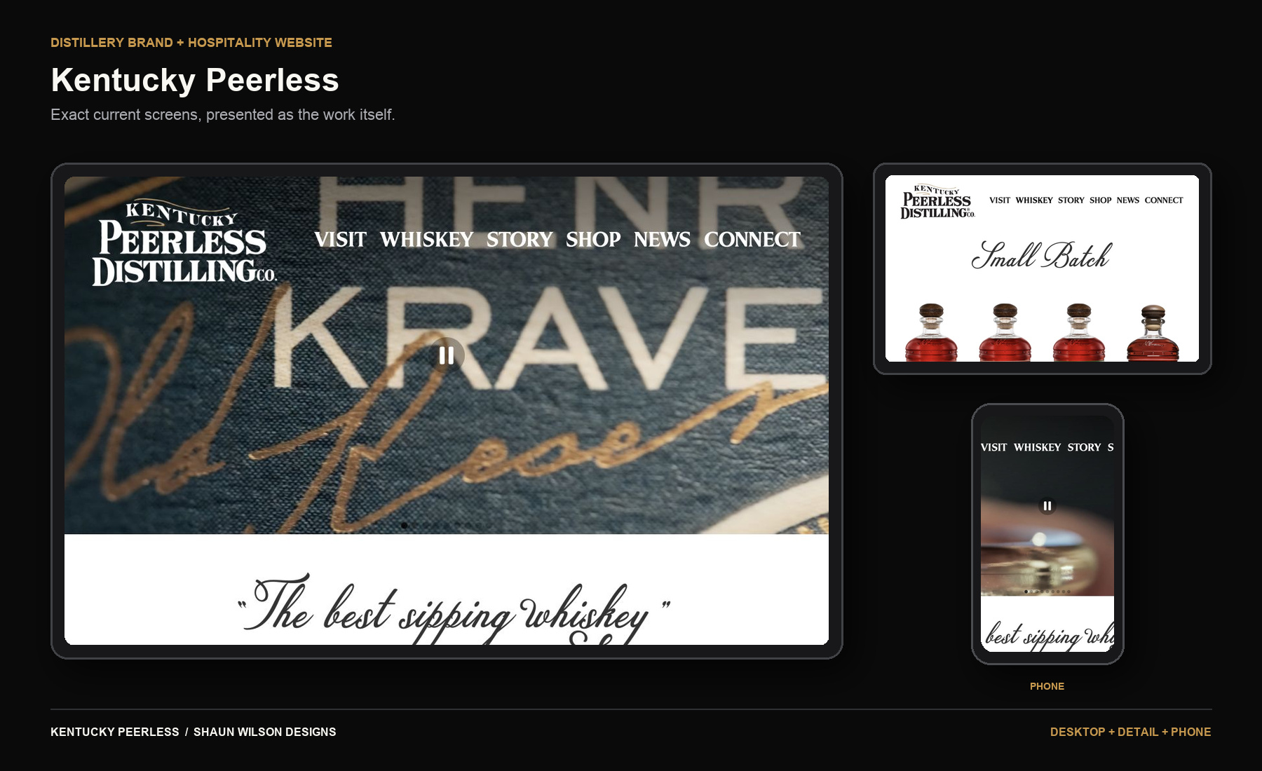 Kentucky Peerless Distilling website on desktop, detail and phone