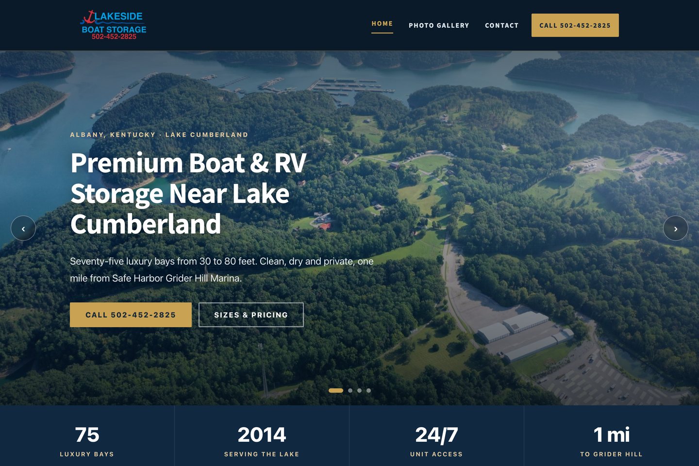 Exact capture of the Lakeside Boat Storage homepage at 1440 pixels: aerial slider, call button and the four-bay pricing grid.