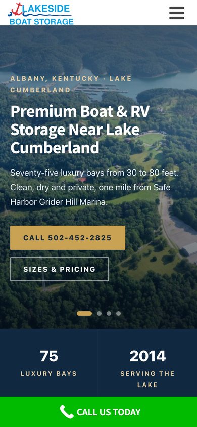 The Lakeside Boat Storage homepage on a 390-pixel phone.