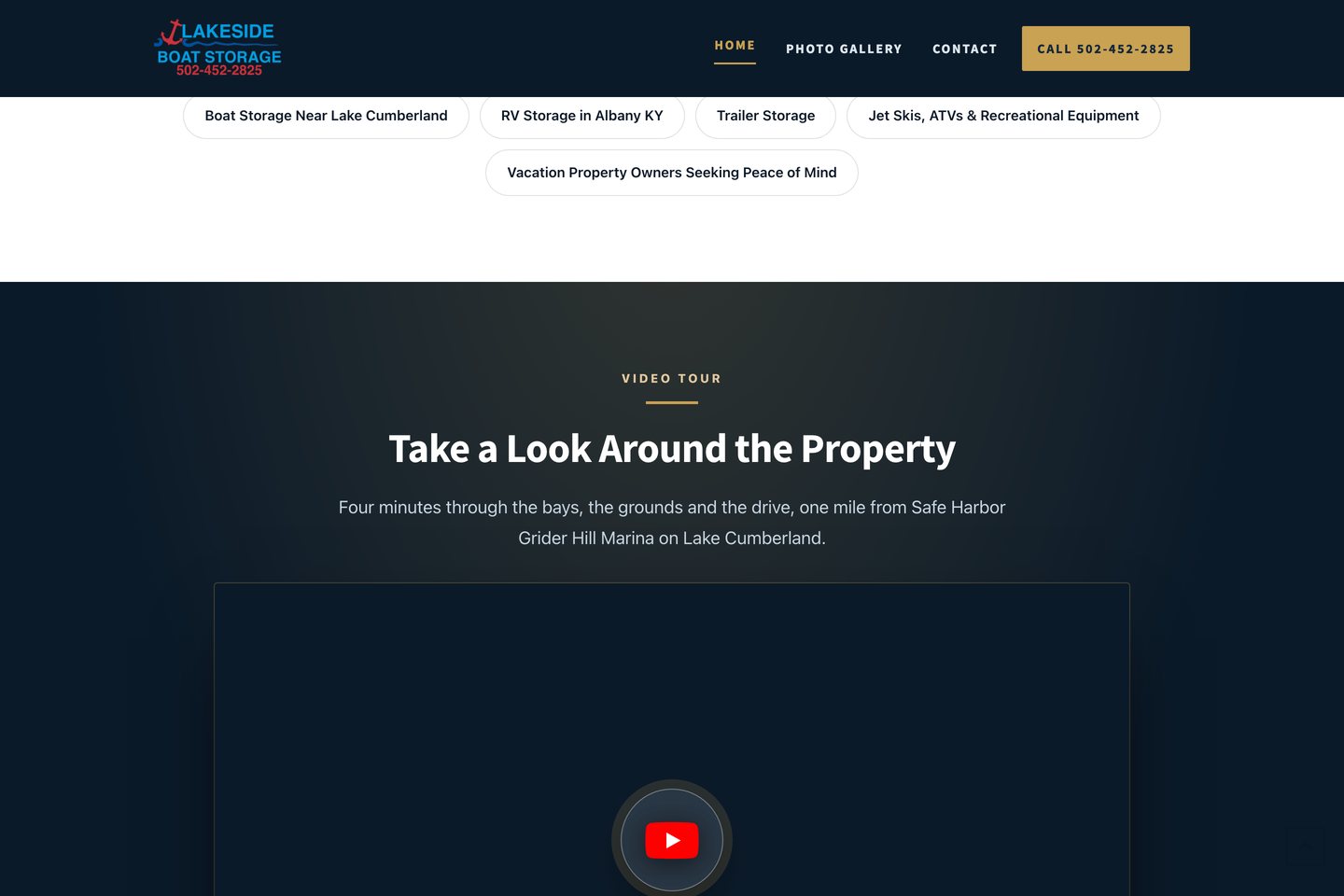 The video tour section on the Lakeside Boat Storage homepage at 1440 pixels.