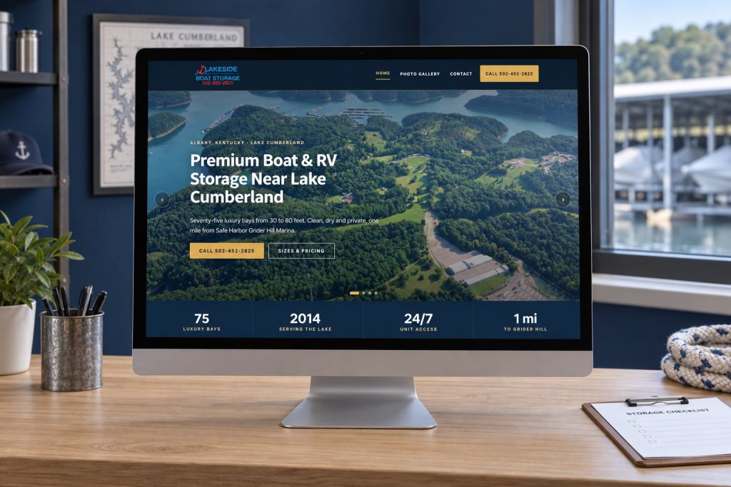 The Lakeside Boat Storage homepage on a desktop monitor in a storage office, a presentation scene built from the real site.