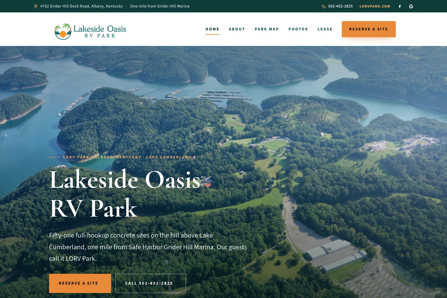Exact capture of the Lakeside Oasis RV Park homepage at 1440 pixels: aerial of the park above Lake Cumberland, Reserve a Site and Call buttons.