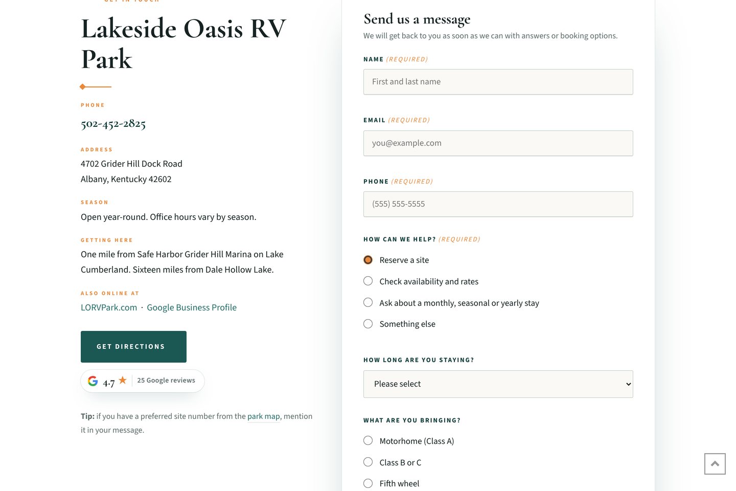 Lakeside Oasis RV Park reservation inquiry form with conditional fields, built in Gravity Forms by Shaun Wilson Designs