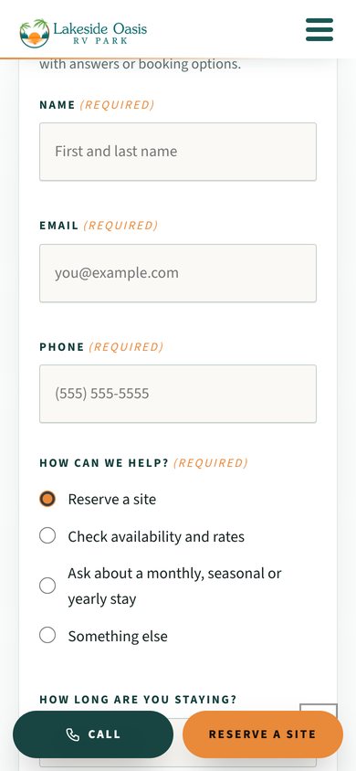 The reservation inquiry form on the Lakeside Oasis RV Park website on a 390-pixel phone.