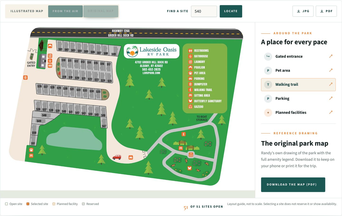 The Original Map view on the Lakeside Oasis park map: the park's reference drawing, still available beside the interactive version.